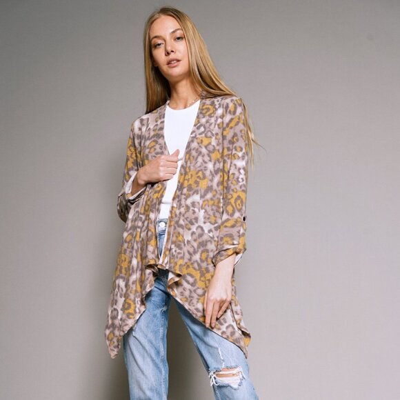 MYSTREE Leopard Print Waterfall Cardigan Brown Mustard Draped Open Front - Picture 1 of 8